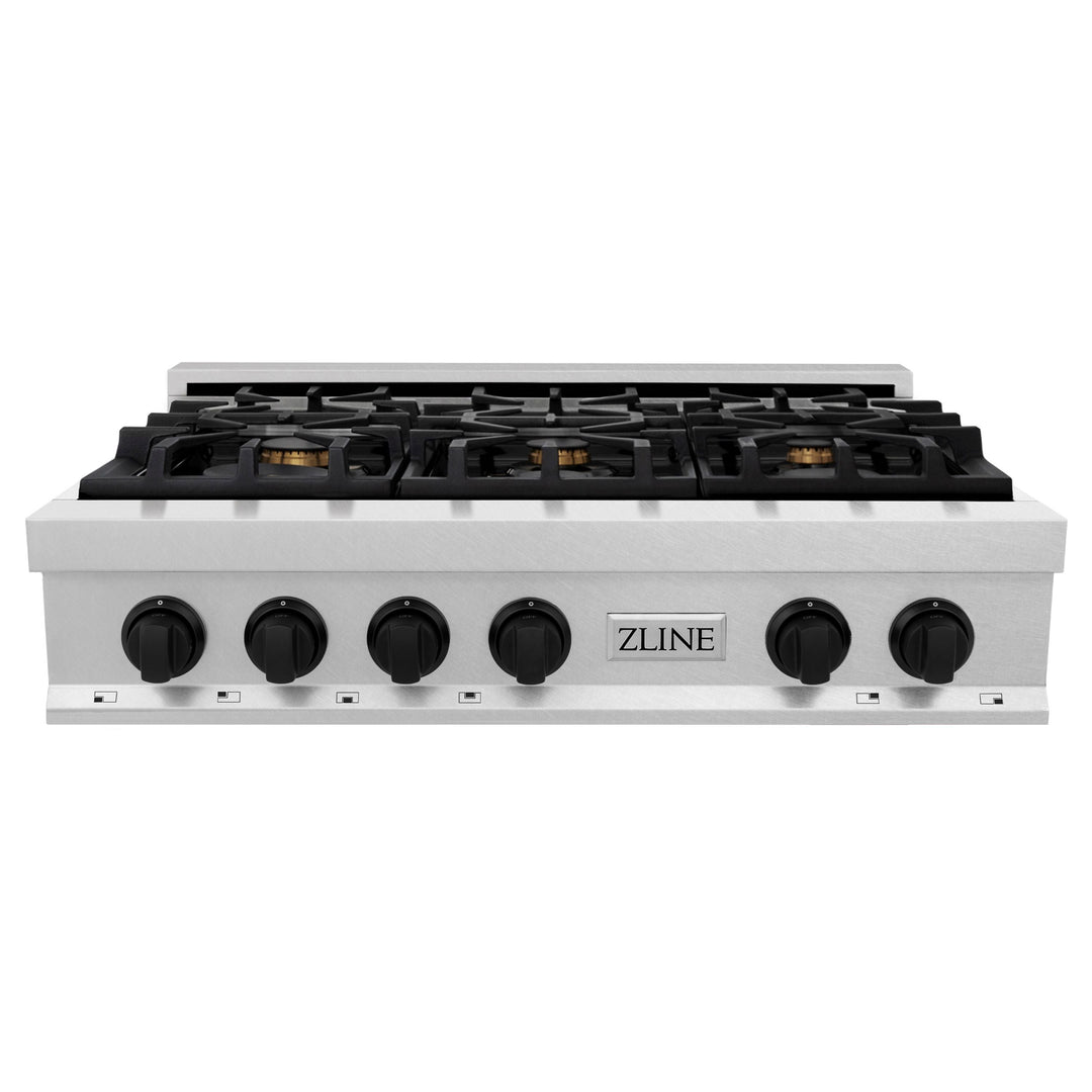 ZLINE Autograph Edition 36 In. Porcelain Rangetop with 6 Gas Burners in DuraSnow® Stainless Steel and Matte Black Accents, RTSZ-36-MB