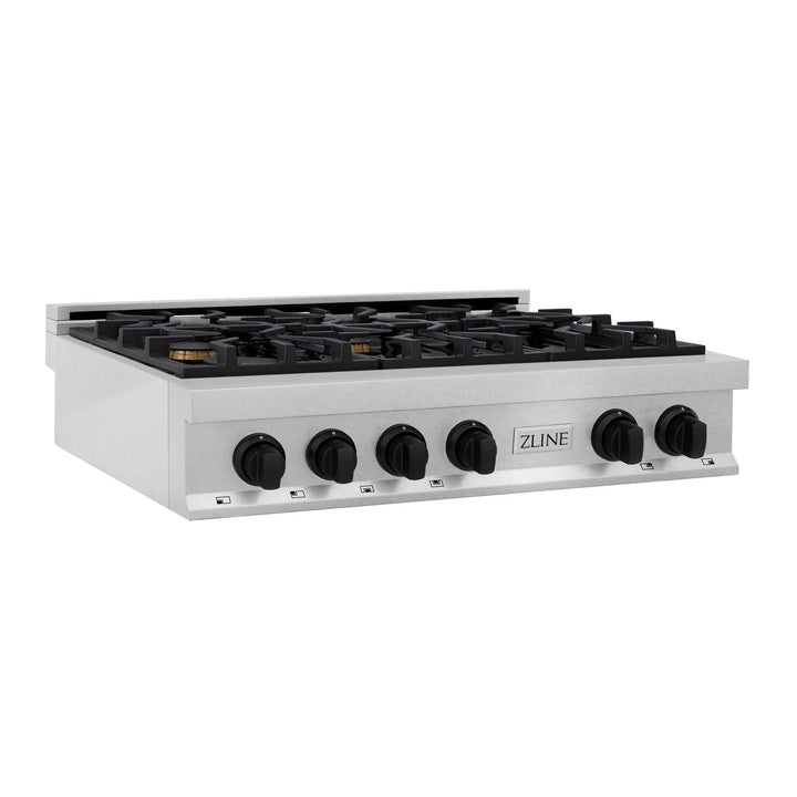 ZLINE Autograph Edition 36 In. Porcelain Rangetop with 6 Gas Burners in DuraSnow® Stainless Steel and Matte Black Accents, RTSZ-36-MB