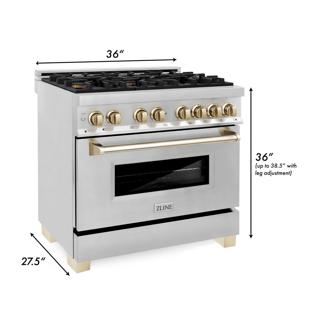 ZLINE Autograph Package - 36 In. Dual Fuel Range, Range Hood and Dishwasher in Stainless Steel with Gold Accents, 3AKP-RARHDWM36-G