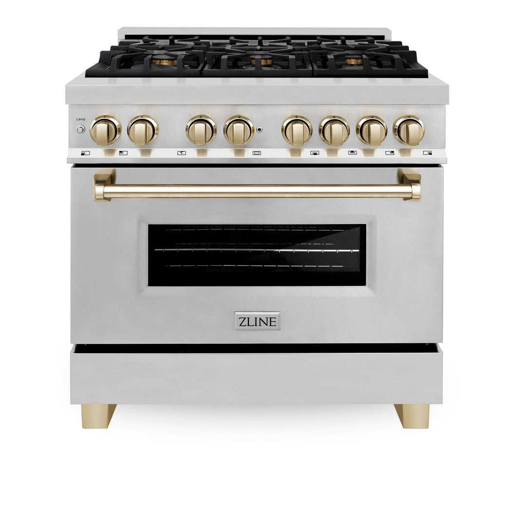 ZLINE Autograph Package - 36 In. Dual Fuel Range, Range Hood and Dishwasher in Stainless Steel with Gold Accents, 3AKP-RARHDWM36-G