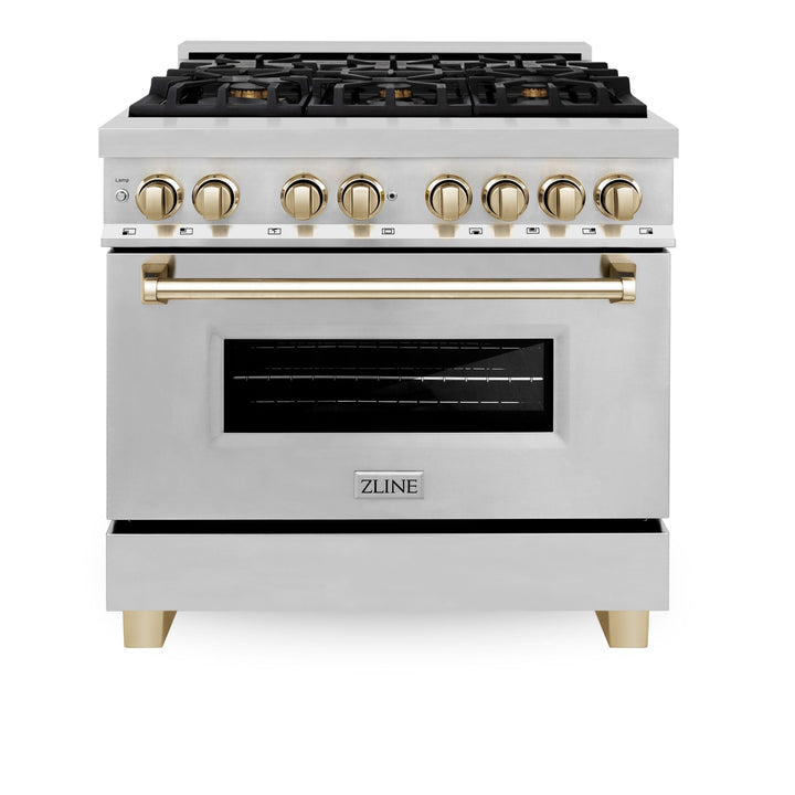 ZLINE Autograph Package - 36 In. Dual Fuel Range, Range Hood, Dishwasher, Refrigerator with Gold Accents, 4KAPR-RARHDWM36-G