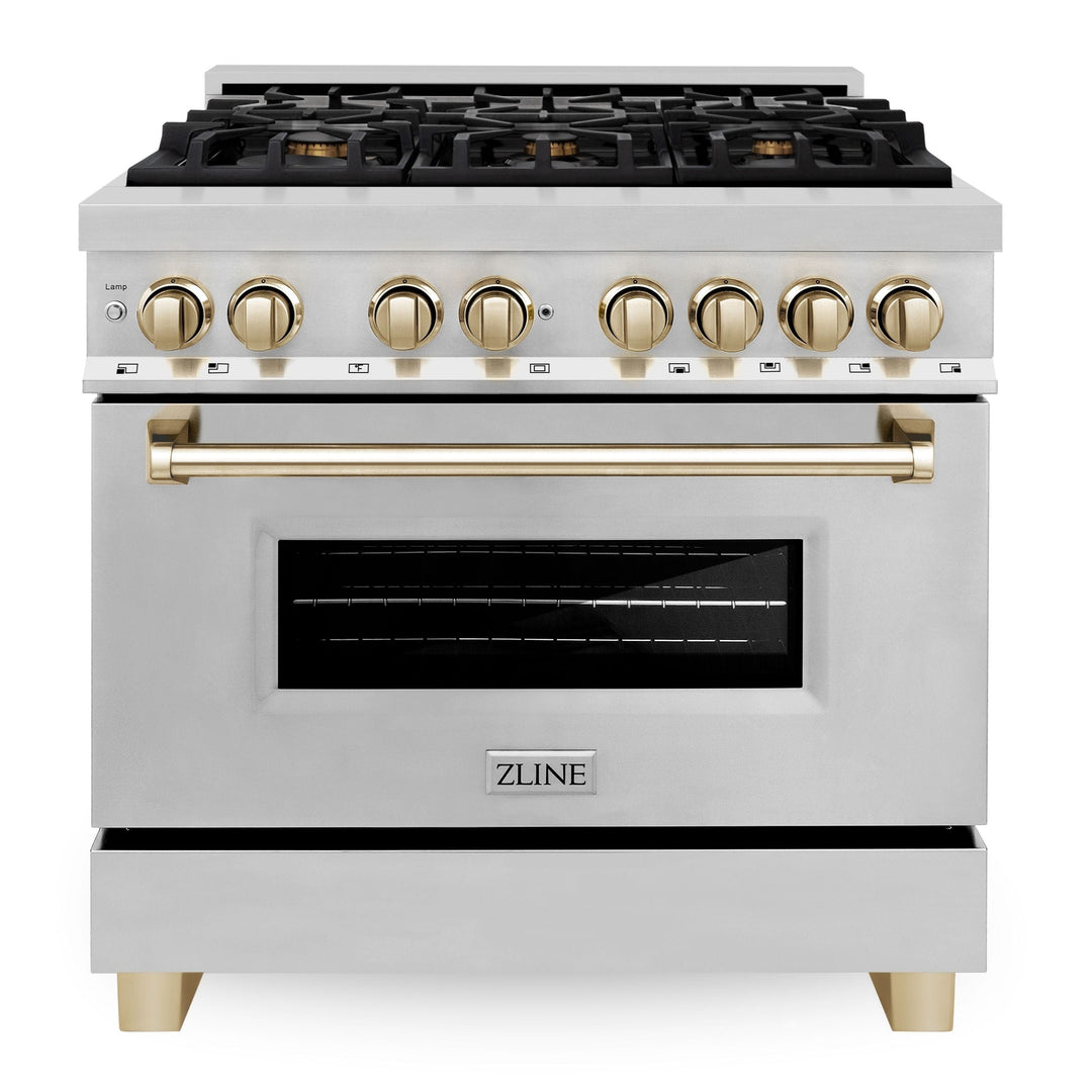 ZLINE Autograph Package - 36" Dual Fuel Range, Range Hood, Refrigerator with Water and Ice Dispenser, Microwave and Dishwasher in Stainless Steel with Gold Accents