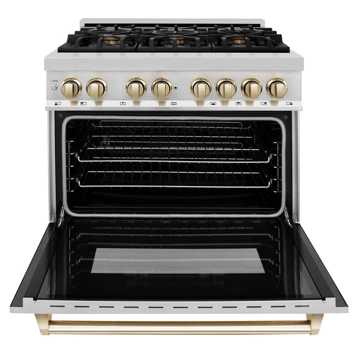 ZLINE Autograph Package - 36 In. Dual Fuel Range, Range Hood, Dishwasher, Refrigerator with Gold Accents, 4KAPR-RARHDWM36-G