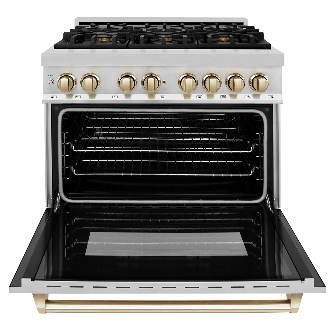 ZLINE Autograph Package - 36 In. Dual Fuel Range, Range Hood in Stainless Steel with Gold Accents, 2AKP-RARH36-G