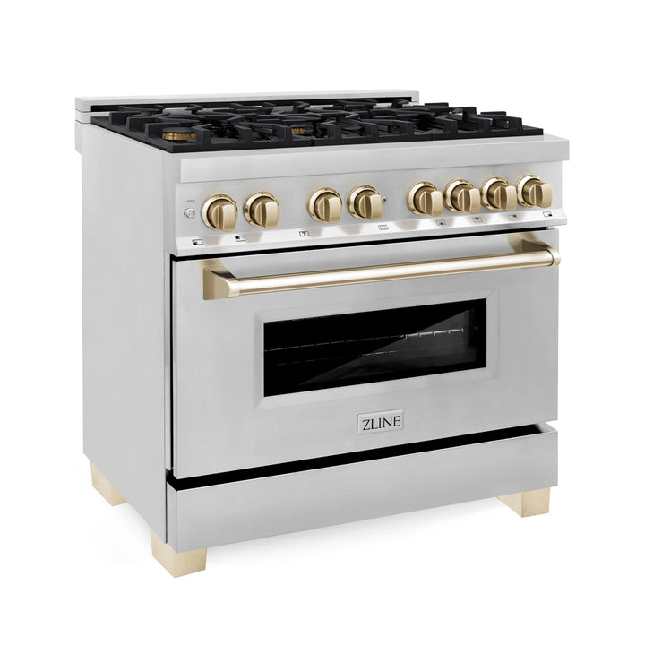 ZLINE Autograph Package - 36" Dual Fuel Range, Range Hood, Refrigerator with Water and Ice Dispenser, Microwave and Dishwasher in Stainless Steel with Gold Accents