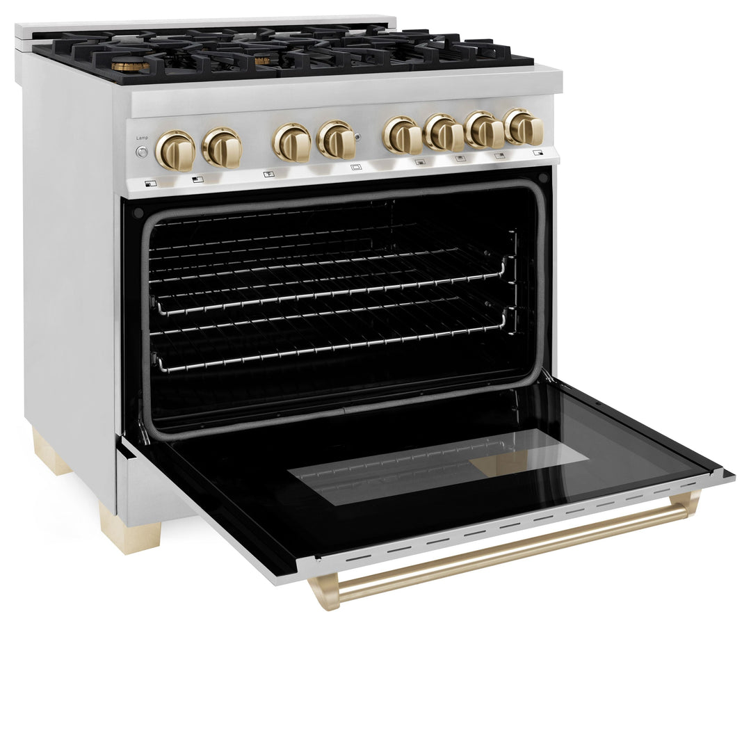 ZLINE Autograph Package - 36" Dual Fuel Range, Range Hood, Refrigerator with Water and Ice Dispenser, Microwave and Dishwasher in Stainless Steel with Gold Accents