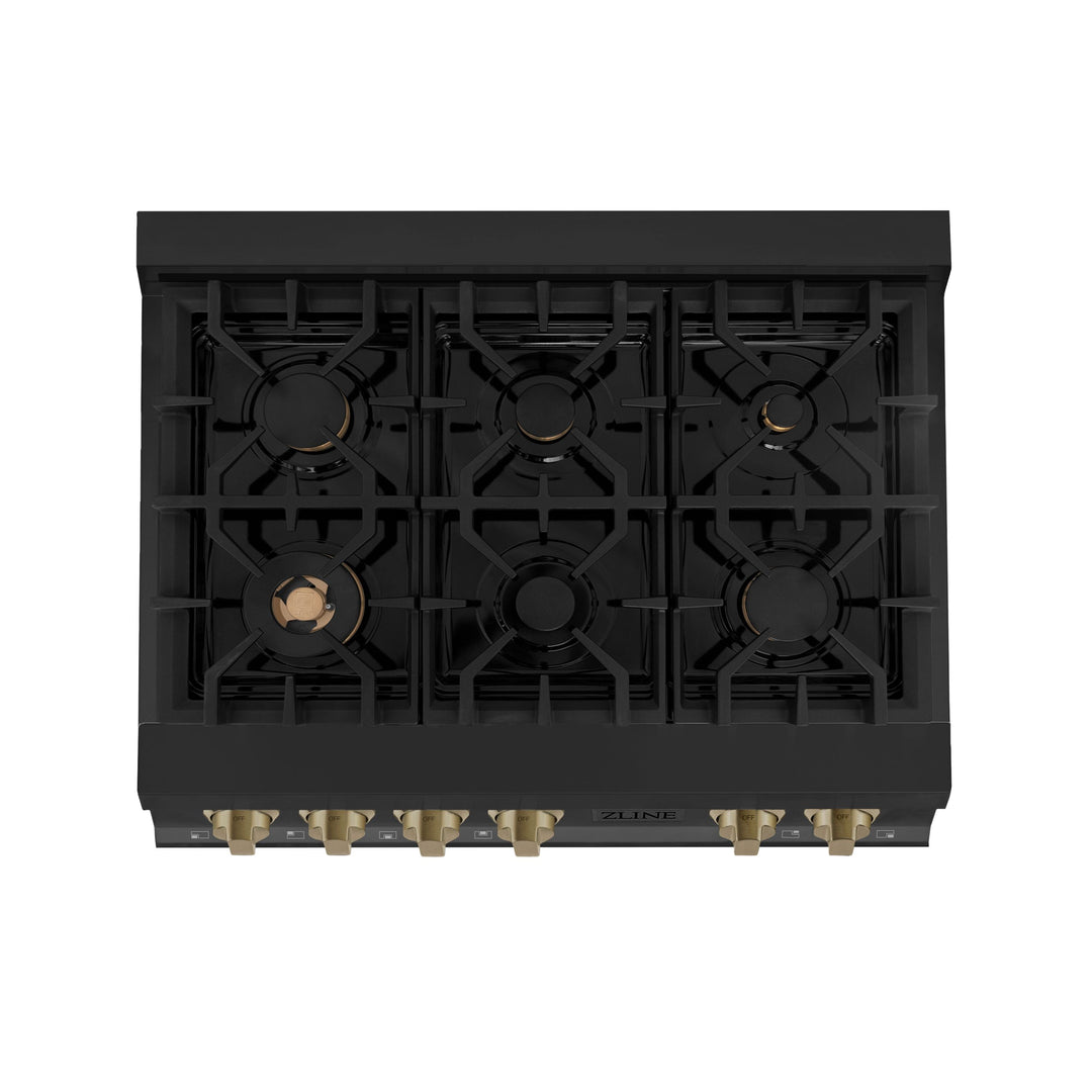 ZLINE Autograph Edition 36 Inch Gas Rangetop in Black Stainless Steel and Champagne Bronze Accents, RTBZ-36-CB