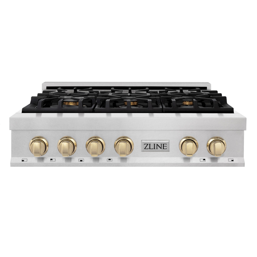 ZLINE Autograph Edition 36" Porcelain Rangetop with 6 Gas Burners in DuraSnow® Stainless Steel and Gold Accents, RTSZ-36-G