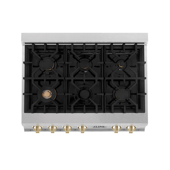 ZLINE Autograph Edition 36" Porcelain Rangetop with 6 Gas Burners in DuraSnow® Stainless Steel and Gold Accents, RTSZ-36-G