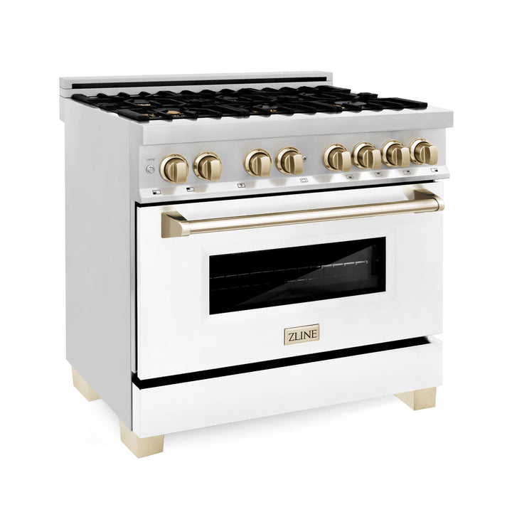 ZLINE Autograph Package - 36 In. Dual Fuel Range and Range Hood with White Matte Door and Gold Accents, 2AKP-RAWMRH36-G