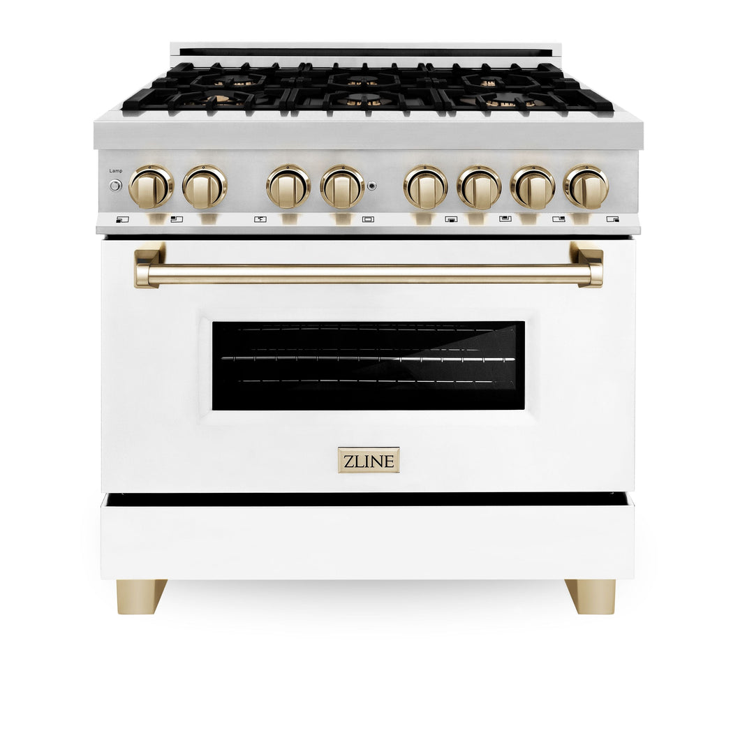 ZLINE Autograph Package - 36 In. Dual Fuel Range and Range Hood with White Matte Door and Gold Accents, 2AKP-RAWMRH36-G