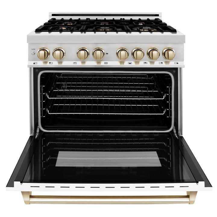 ZLINE Autograph Package - 36 In. Dual Fuel Range and Range Hood with White Matte Door and Gold Accents, 2AKP-RAWMRH36-G