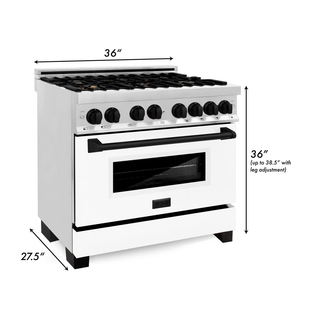 ZLINE Autograph Package - 36 In. Dual Fuel Range and Range Hood with White Matte Door and Matte Black Accents, 2AKP-RAWMRH36-MB