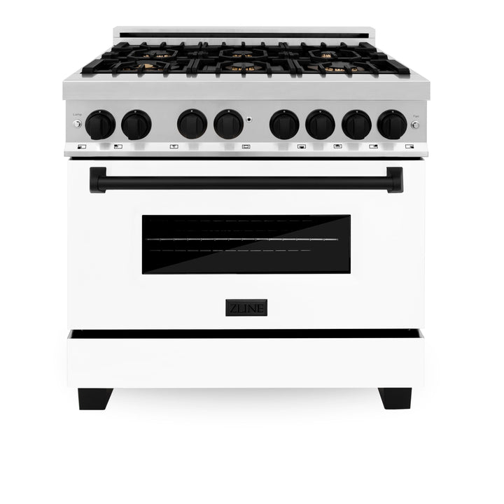 ZLINE Kitchen and Bath Autograph Package - 36 In. Dual Fuel Range, Range Hood, Dishwasher in White Matte with Matte Black Accents, 3AKP-RAWMRHDWM36-MB