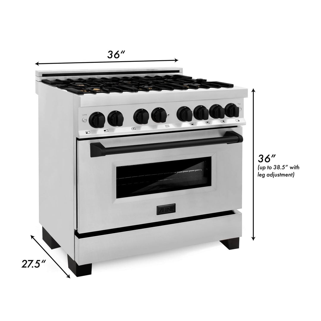 ZLINE Autograph Package - 36 In. Dual Fuel Range, Range Hood, Dishwasher in Stainless Steel with Matte Black Accent, 3AKP-RARHDWM36-MB