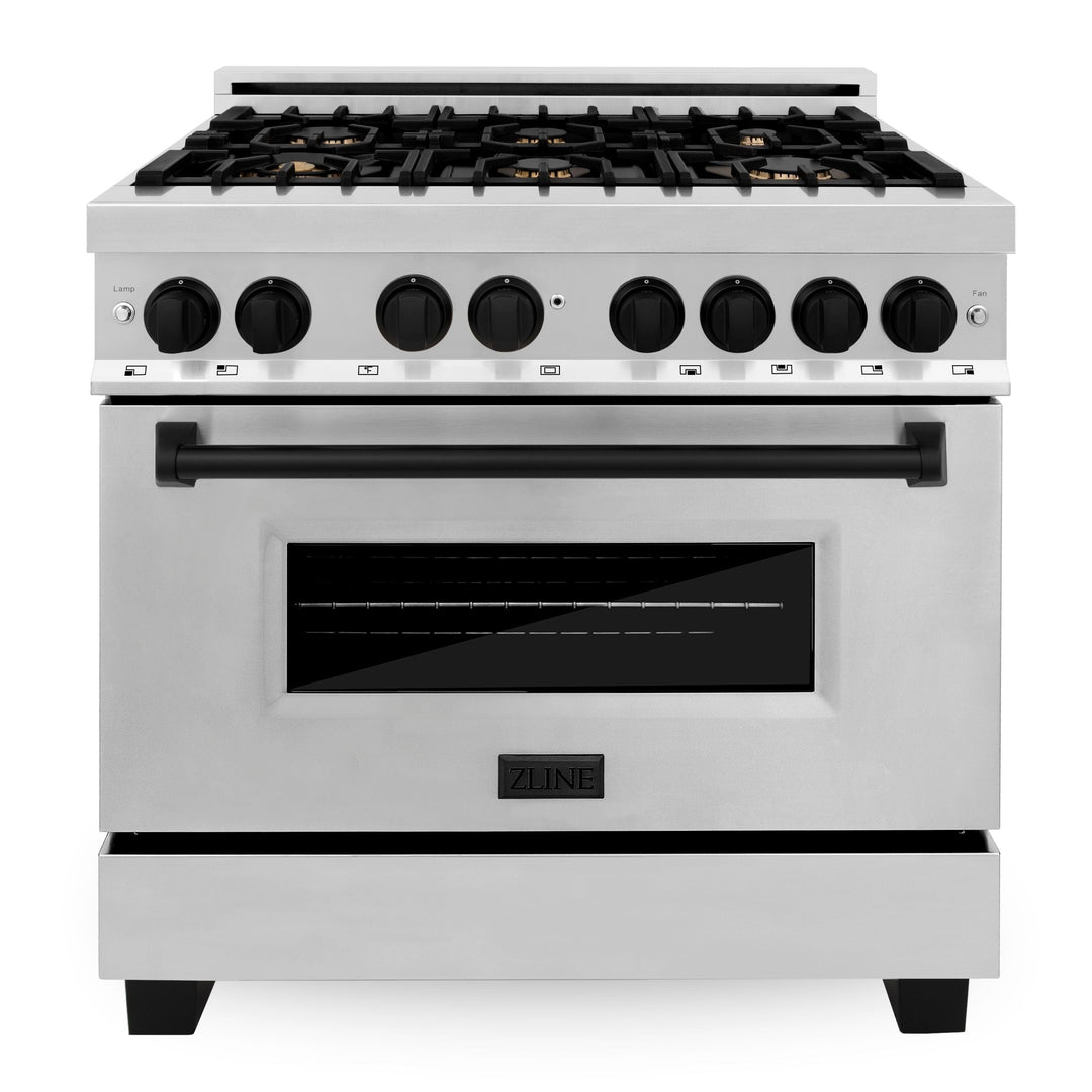 ZLINE Autograph Package - 36 In. Dual Fuel Range, Range Hood, Dishwasher in Stainless Steel with Matte Black Accent, 3AKP-RARHDWM36-MB