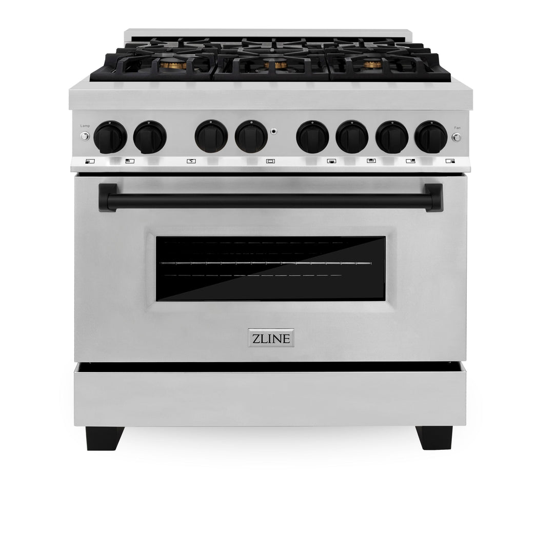 ZLINE Autograph Package - 36 In. Dual Fuel Range, Range Hood, Dishwasher, Refrigerator with Matte Black Accents, 4KAPR-RARHDWM36-MB