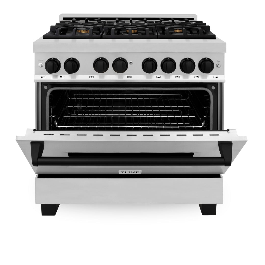 ZLINE Autograph Package - 36 In. Dual Fuel Range, Range Hood in Stainless Steel with Matte Black Accents, 2AKP-RARH36-MB