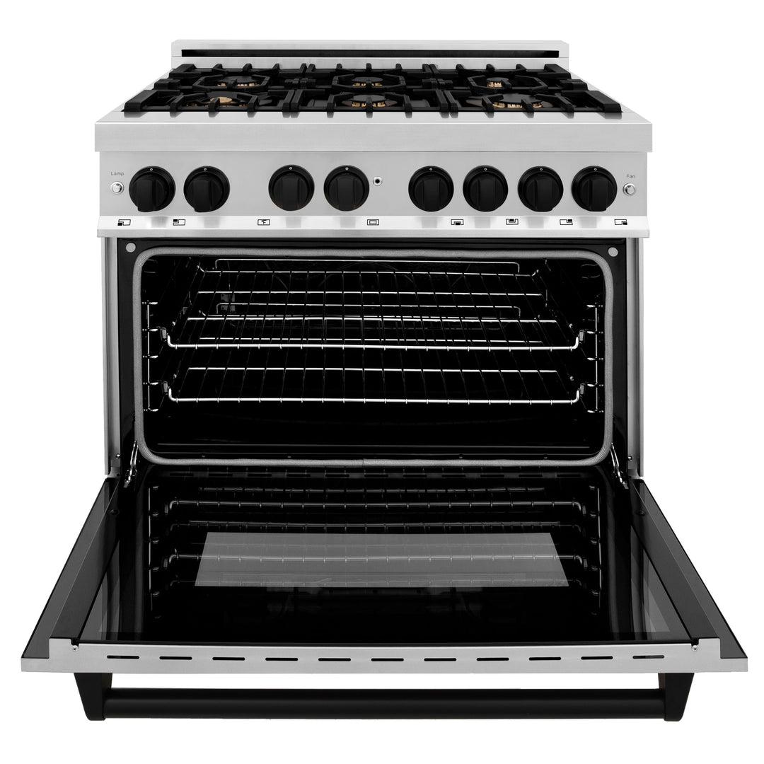 ZLINE Autograph Package - 36 In. Dual Fuel Range, Range Hood, Dishwasher in Stainless Steel with Matte Black Accent, 3AKP-RARHDWM36-MB