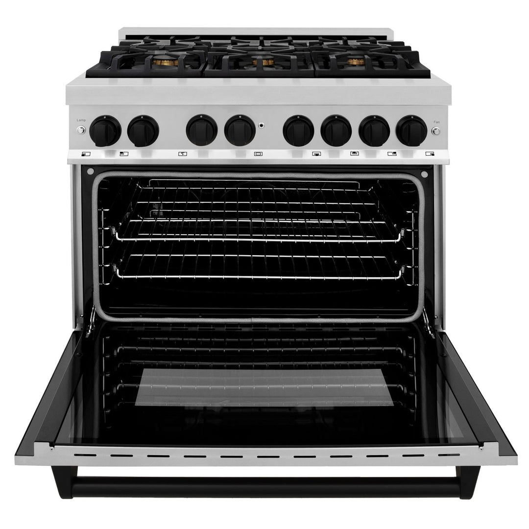 ZLINE Autograph Package - 36 In. Dual Fuel Range, Range Hood, Dishwasher, Refrigerator with Matte Black Accents, 4KAPR-RARHDWM36-MB