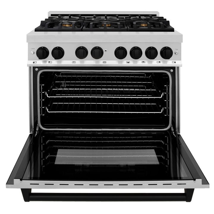 ZLINE Autograph Package - 36 In. Dual Fuel Range, Range Hood in Stainless Steel with Matte Black Accents, 2AKP-RARH36-MB