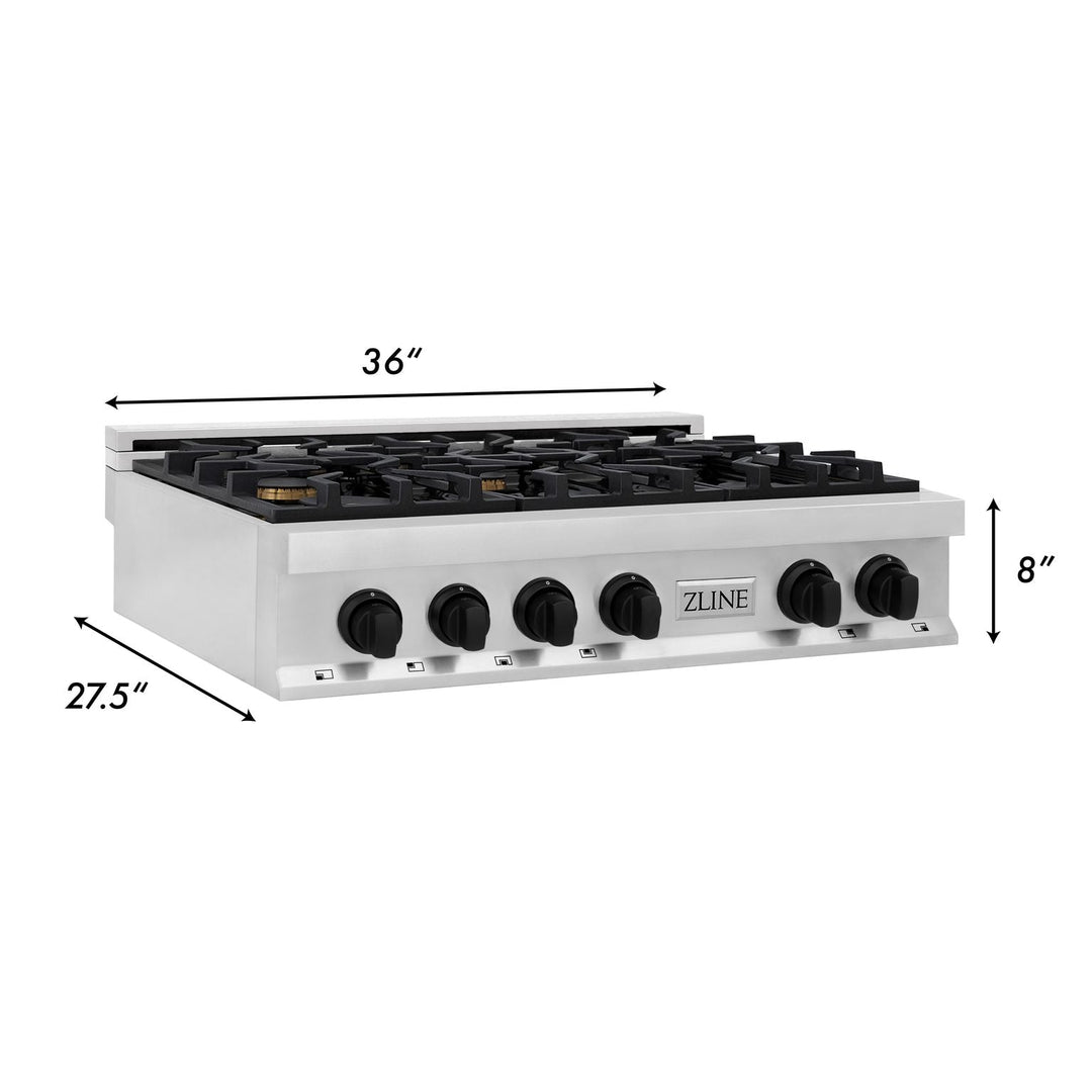 ZLINE Autograph Edition 36 in. Porcelain Rangetop with 6 Gas Burners in Stainless Steel and Matte Black Accents, RTZ-36-MB