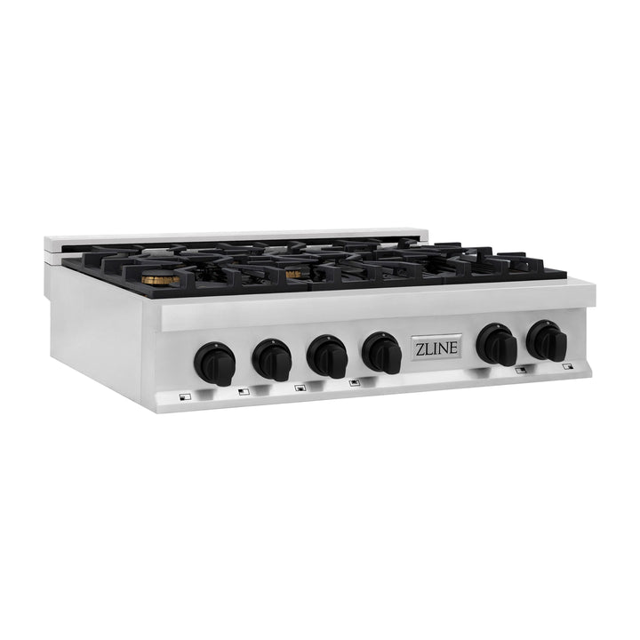 ZLINE Autograph Edition 36 in. Porcelain Rangetop with 6 Gas Burners in Stainless Steel and Matte Black Accents, RTZ-36-MB