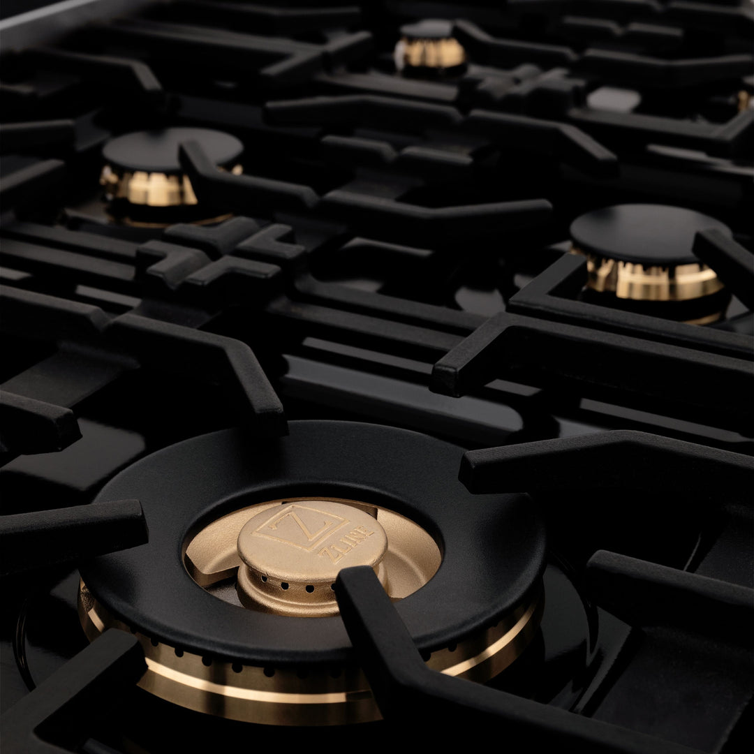 ZLINE Autograph Edition 48 Inch Porcelain Rangetop with 7 Gas Burners in Black Stainless Steel and Gold Accents, RTBZ-48-G