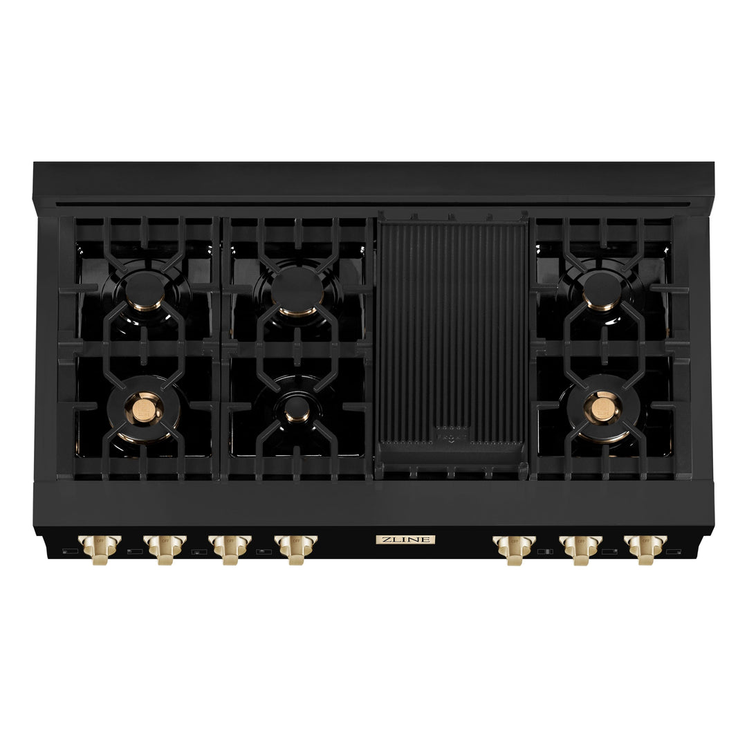 ZLINE Autograph Edition 48 Inch Porcelain Rangetop with 7 Gas Burners in Black Stainless Steel and Gold Accents, RTBZ-48-G