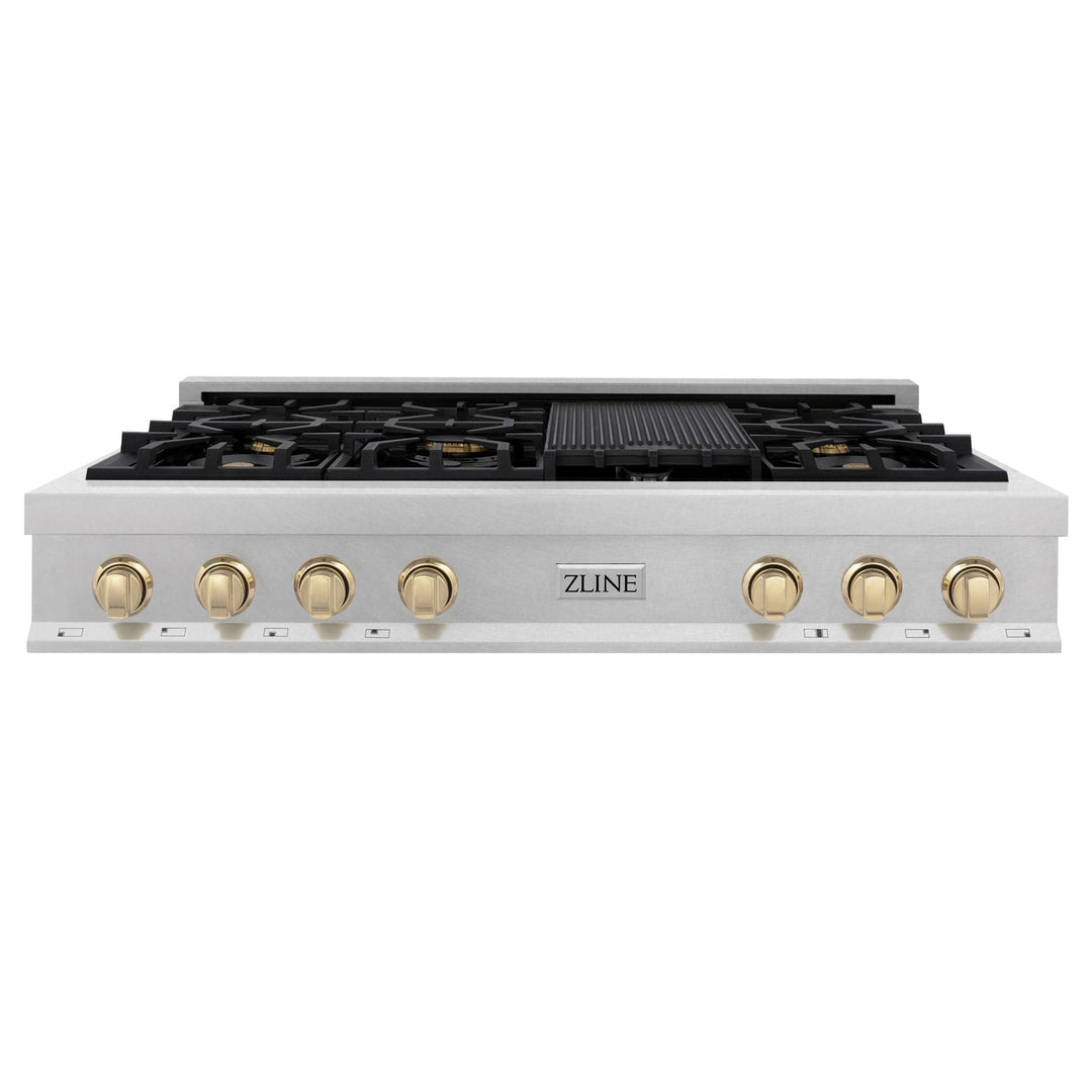 ZLINE Autograph Edition 48" Porcelain Rangetop with 7 Gas Burners in DuraSnow® Stainless Steel and Gold Accents, RTSZ-48-G