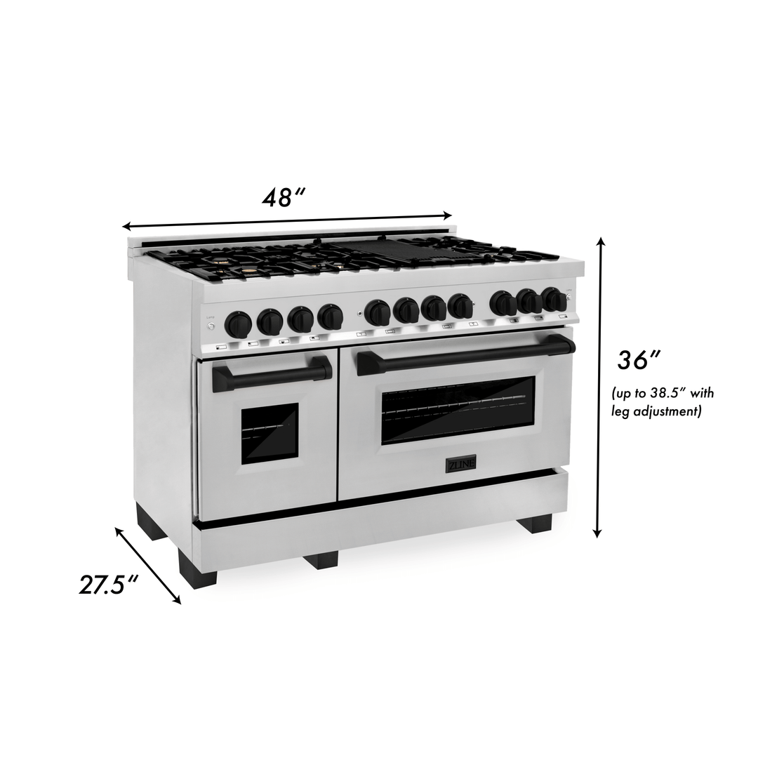 ZLINE Autograph Package - 48" Dual Fuel Range, Range Hood, Refrigerator, Dishwasher with Matte Black Accents