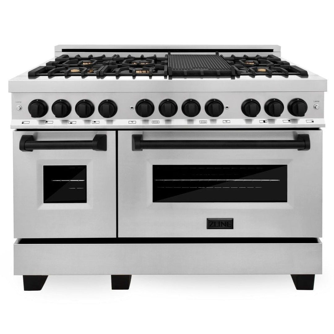 ZLINE Autograph Package - 48 In. Dual Fuel Range, Range Hood, Dishwasher in Stainless Steel with Matte Black Accents, 3AKP-RARHDWM48-MB