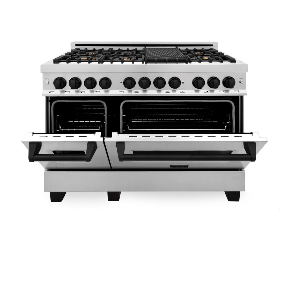 ZLINE Autograph Package - 48 In. Dual Fuel Range, Range Hood in Stainless Steel with Matte Black Accents, 2AKP-RARH48-MB