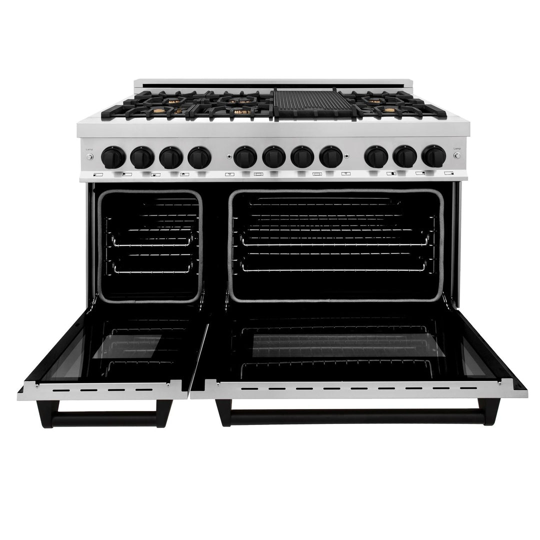 ZLINE Autograph Package - 48" Dual Fuel Range, Range Hood, Dishwasher, Refrigerator with Water & Ice Dispenser in Matte Black