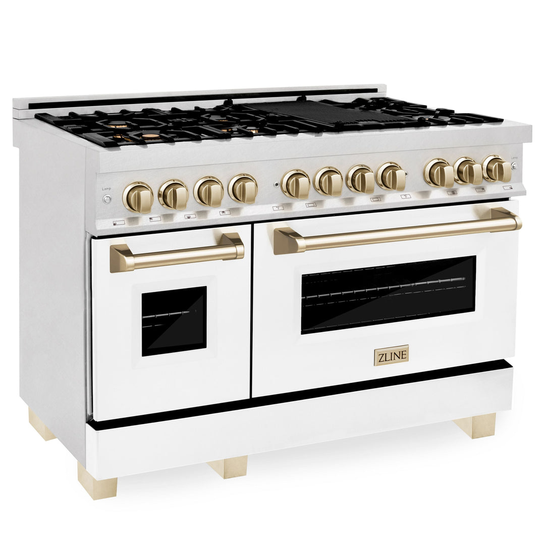 ZLINE Autograph 48 in. 6.0 cu. ft. Range, Gas Stove/Electric Oven in DuraSnow® with White Matte Door, Gold Accents, RASZ-WM-48-G