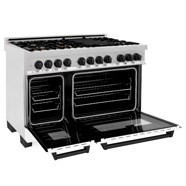 ZLINE Autograph Package - 48" Dual Fuel Range, Range Hood, Dishwasher in DuraSnow® Stainless Steel, Matte Black Accents