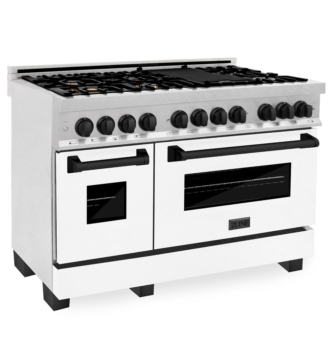 ZLINE Autograph Package - 48" Dual Fuel Range, Range Hood, Dishwasher in DuraSnow® Stainless Steel, Matte Black Accents