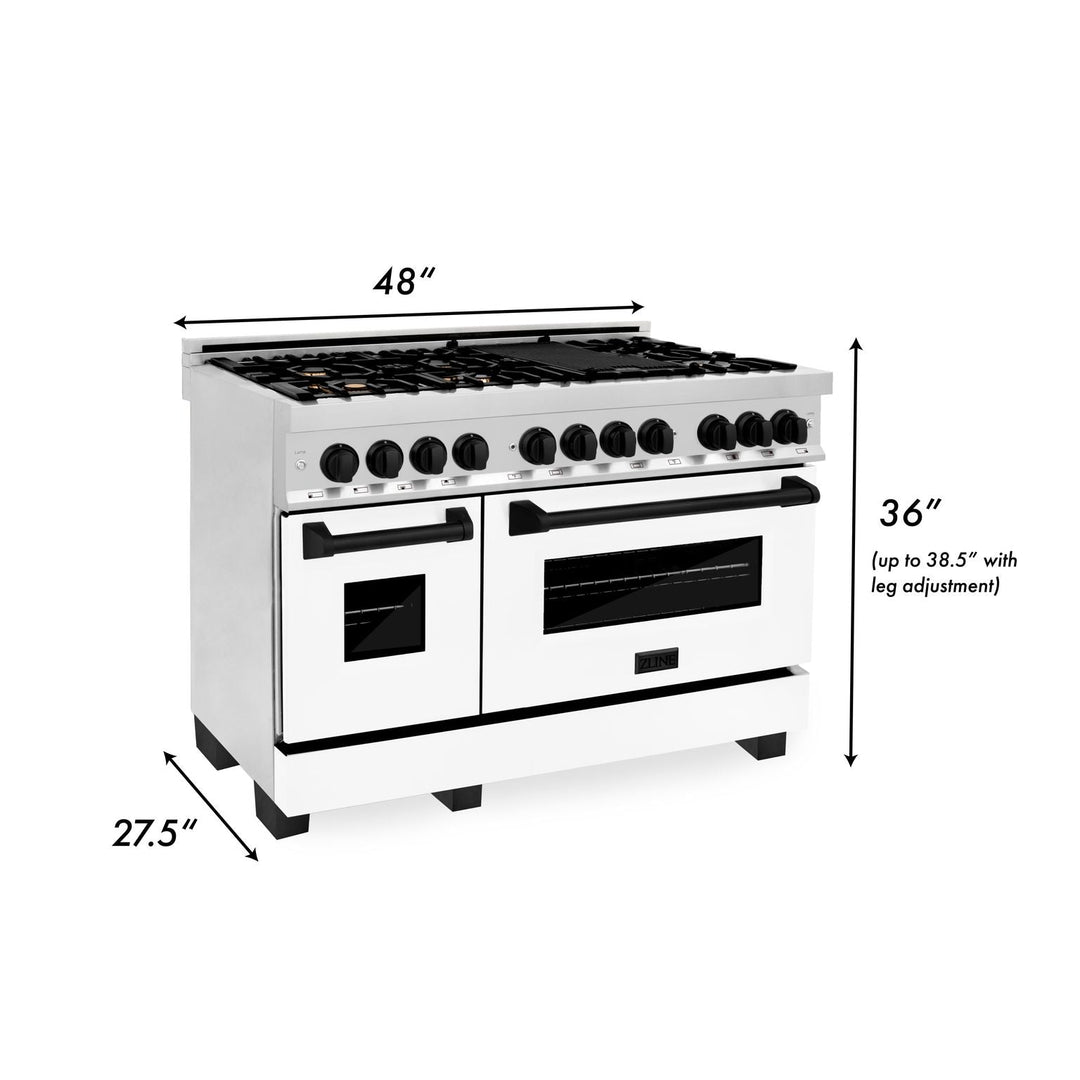 ZLINE Autograph Package - 48 In. Dual Fuel Range, Range Hood, Dishwasher in White Matte with Matte Black Accents, 3AKP-RAWMRHDWM48-MB