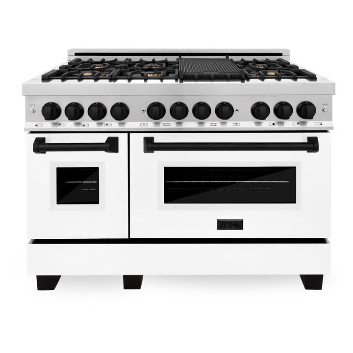 ZLINE Autograph Package - 48 In. Dual Fuel Range, Range Hood, Dishwasher in White Matte with Matte Black Accents, 3AKP-RAWMRHDWM48-MB