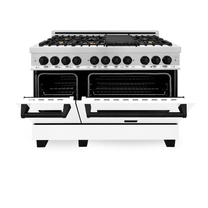 ZLINE Autograph Package - 48 In. Dual Fuel Range, Range Hood, Dishwasher in White Matte with Matte Black Accents, 3AKP-RAWMRHDWM48-MB