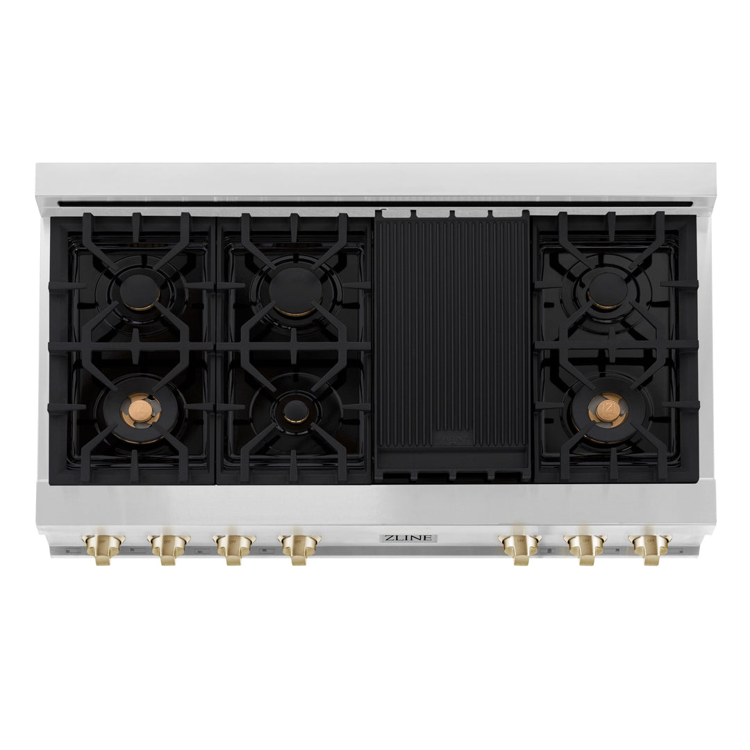 ZLINE Autograph Gold Package - 48" Rangetop, 48" Range Hood, Dishwasher, Refrigerator, Microwave Drawer, Wall Oven