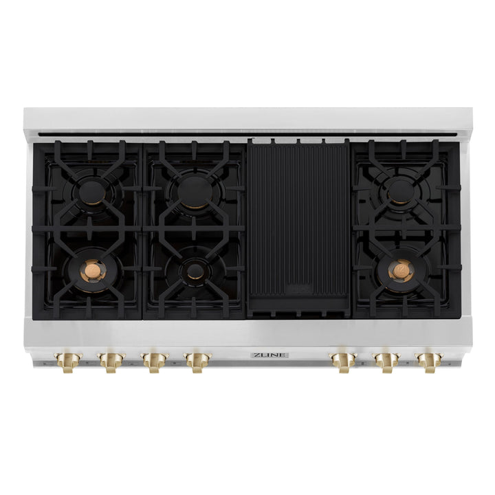 ZLINE Autograph Gold Package - 48" Rangetop, 48" Range Hood, Dishwasher, Refrigerator, Microwave Oven