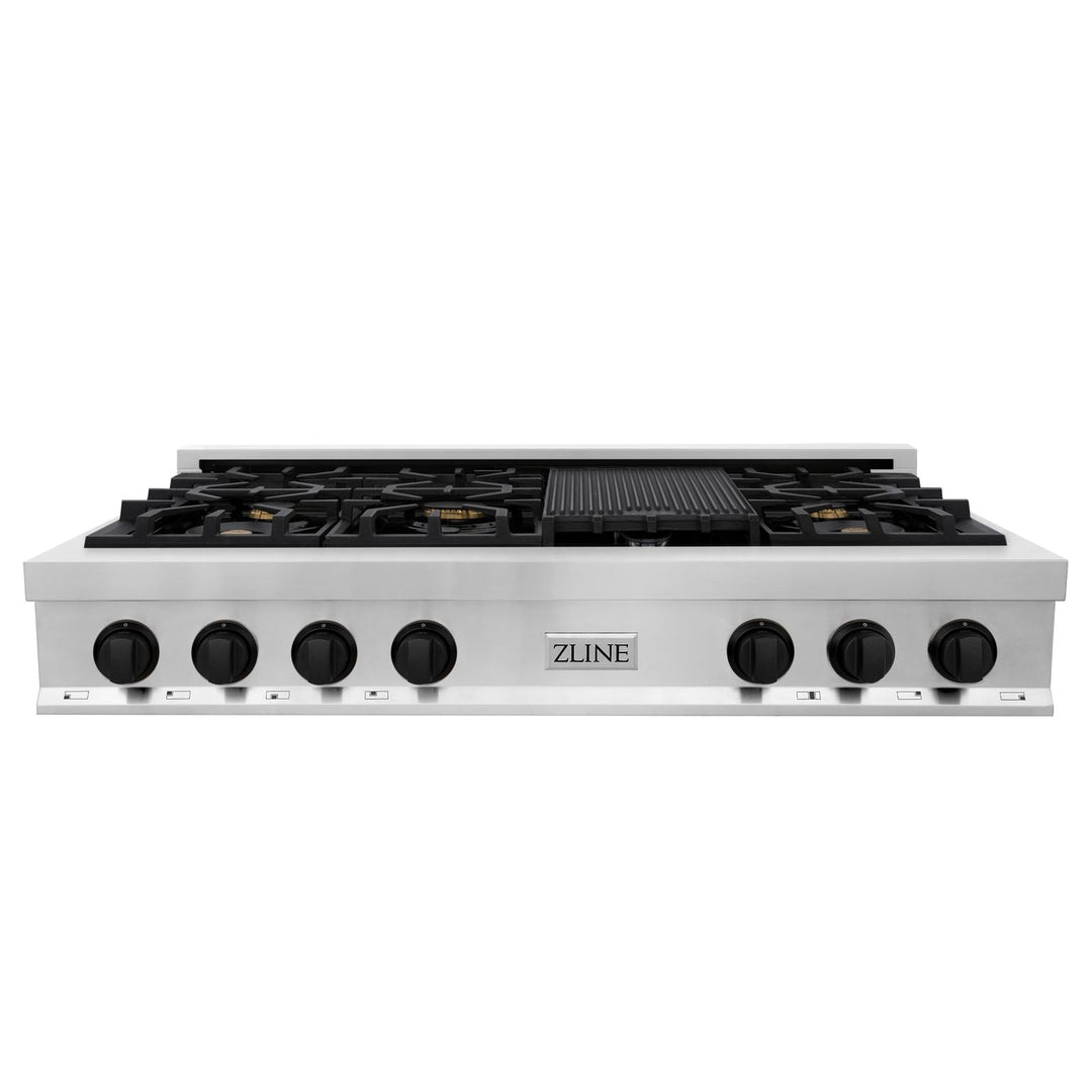 ZLINE Autograph Edition 48 in. Porcelain Rangetop with 7 Gas Burners in Stainless Steel and Matte Black Accents, RTZ-48-MB