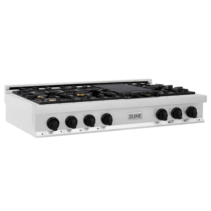 ZLINE Autograph Edition 48 in. Porcelain Rangetop with 7 Gas Burners in Stainless Steel and Matte Black Accents, RTZ-48-MB