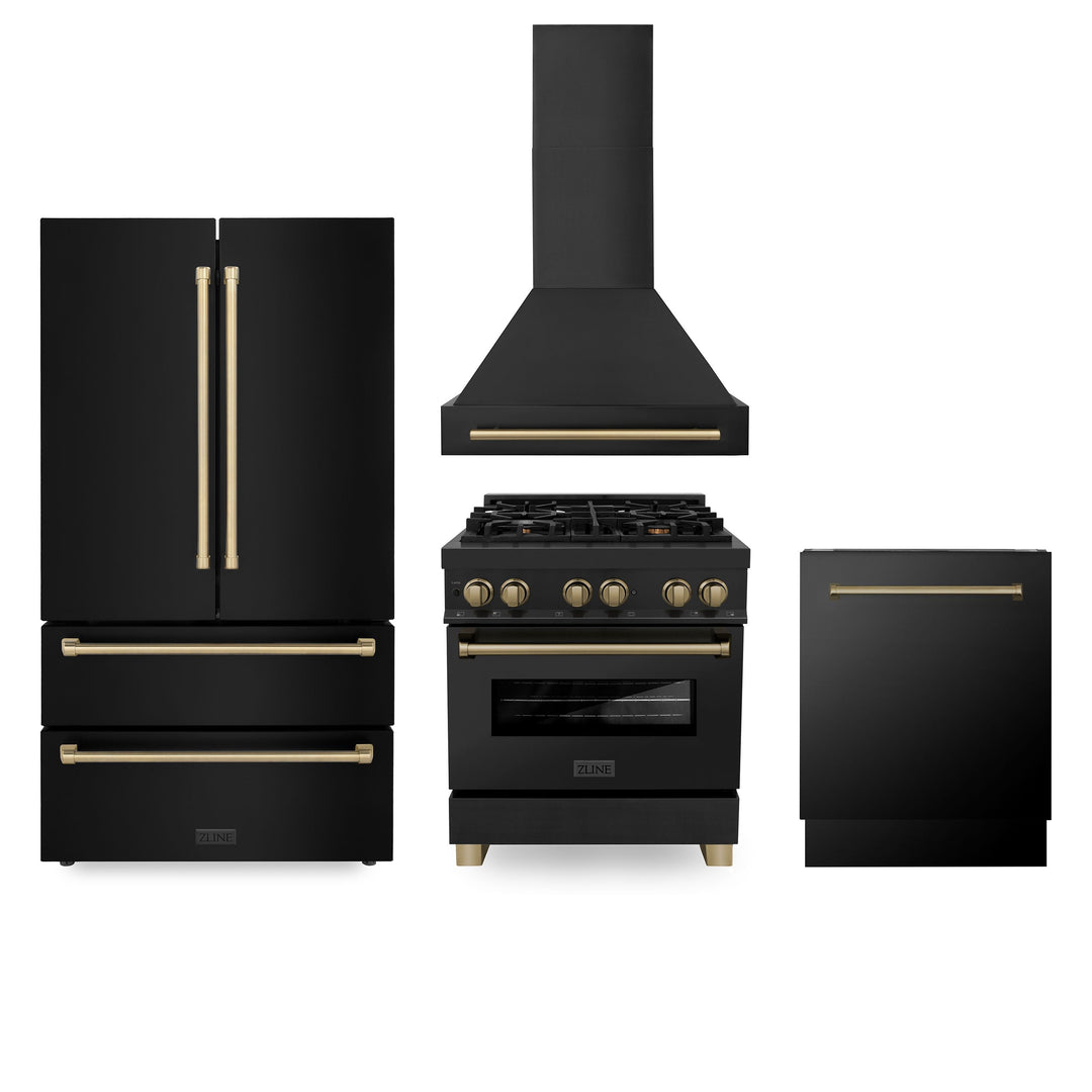 ZLINE Autograph Package - 30" Dual Fuel Range, Range Hood, Refrigerator, Dishwasher in Black Stainless with Bronze Accents