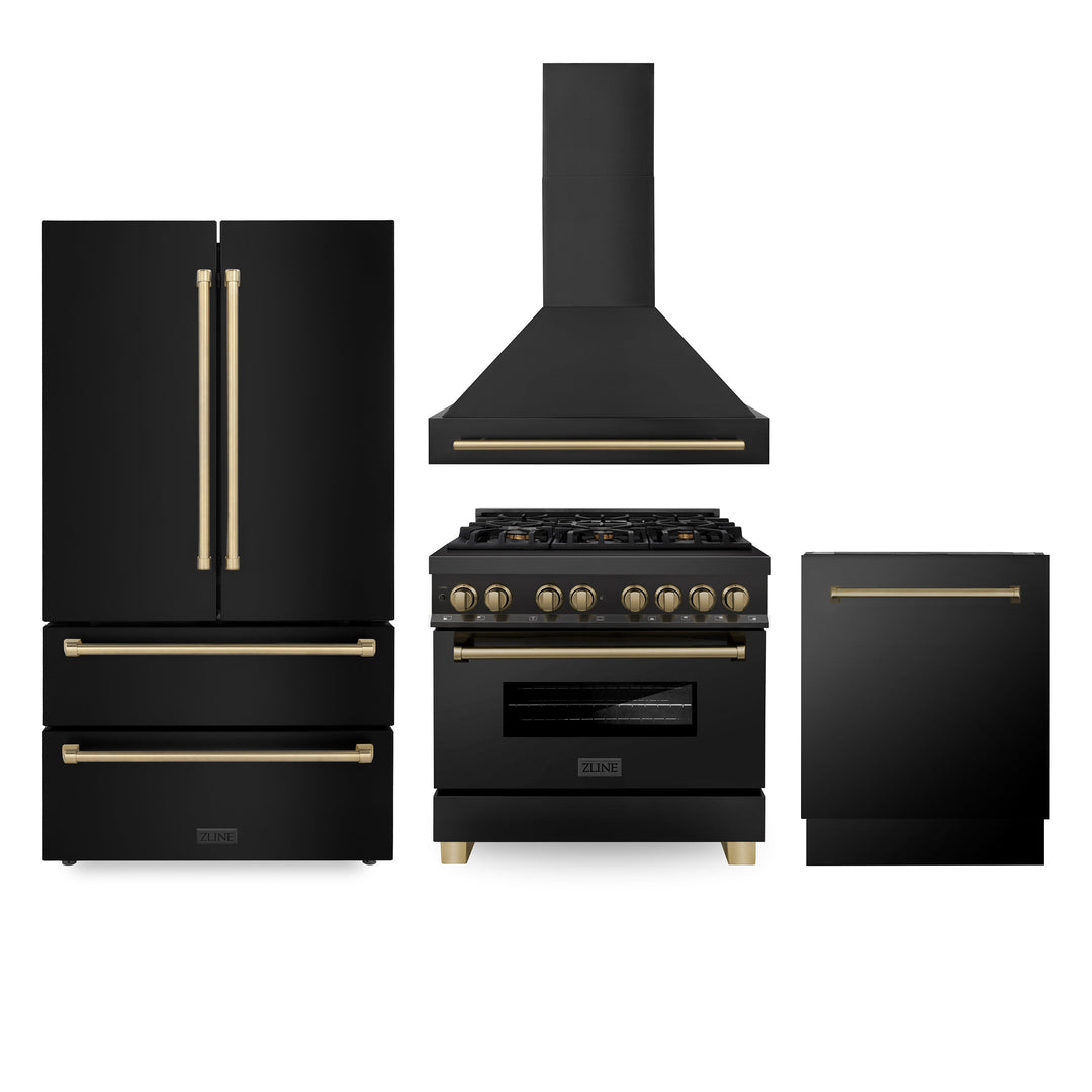 ZLINE Autograph Package - 36" Dual Fuel Range, Range Hood, Refrigerator, Dishwasher in Black Stainless with Bronze Accents