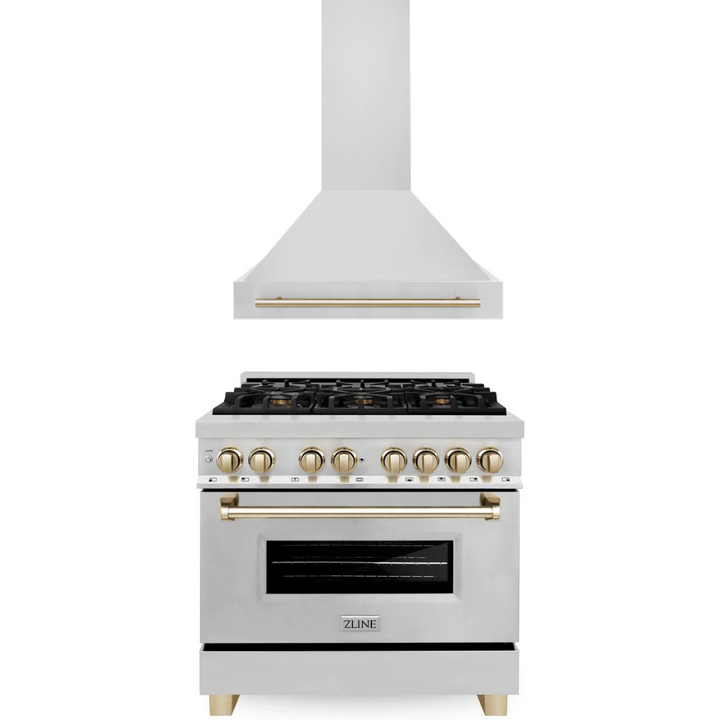 ZLINE Autograph Package - 36 In. Dual Fuel Range, Range Hood in Stainless Steel with Gold Accents, 2AKP-RARH36-G