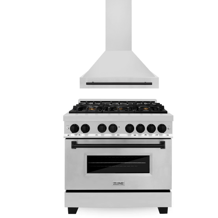 ZLINE Autograph Package - 36 In. Dual Fuel Range, Range Hood in Stainless Steel with Matte Black Accents, 2AKP-RARH36-MB