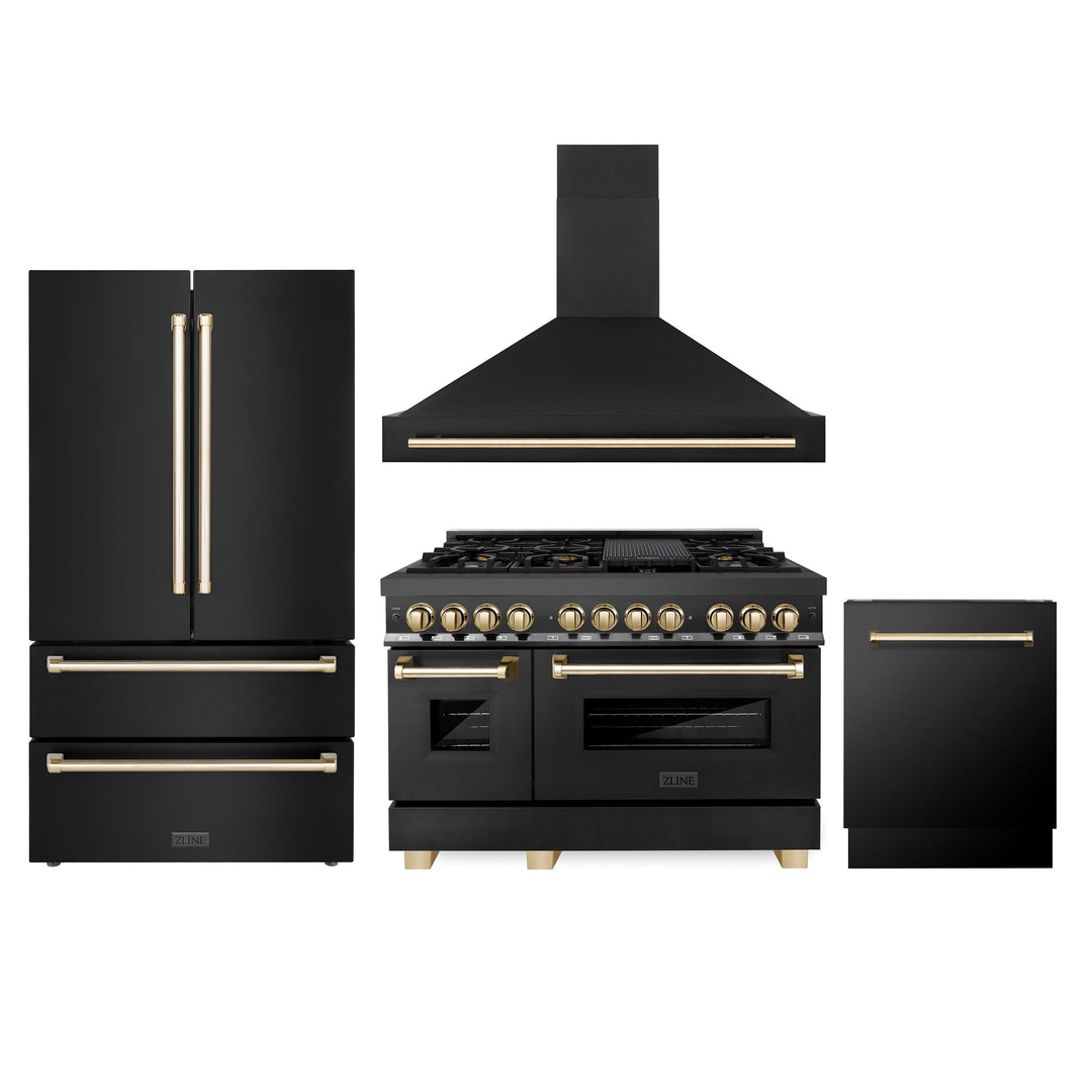 ZLINE Autograph Package - 48" Dual Fuel Range, Range Hood, Refrigerator, Dishwasher in Black Stainless with Gold Accents