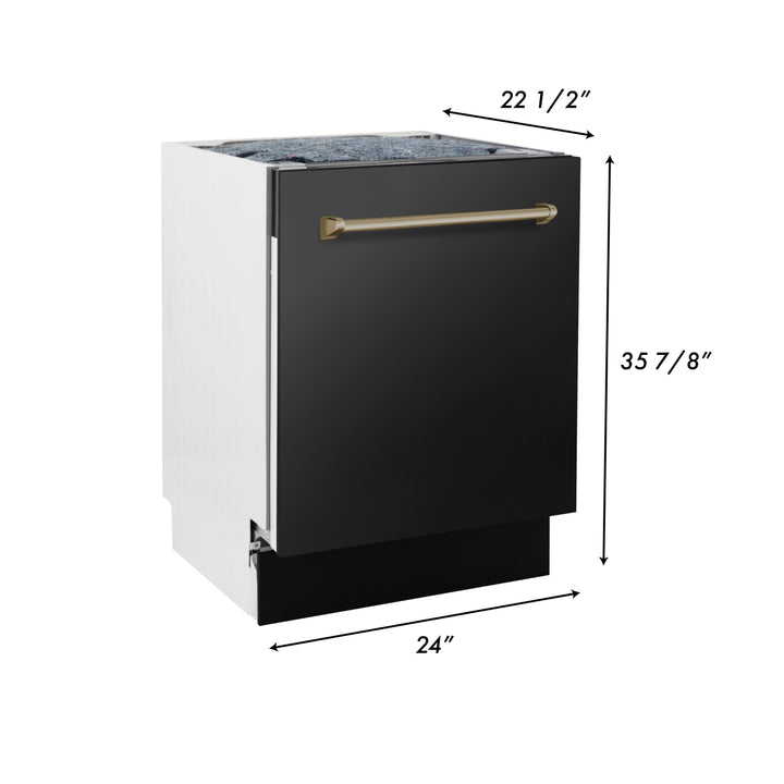 ZLINE Autograph Package - 36 Inch Gas Range, Range Hood, Dishwasher, Refrigerator in Black with Champagne Bronze Accents, 4AKPR-RGBRHDWV36-CB